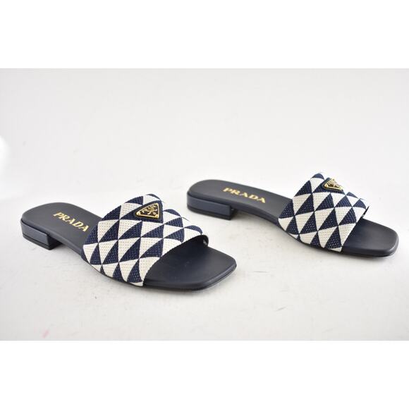 Prada Jacquard Triangle Logo Baltico Talco Blue White Slide Sandal Flat Mule 36 - Picture 4 of 15